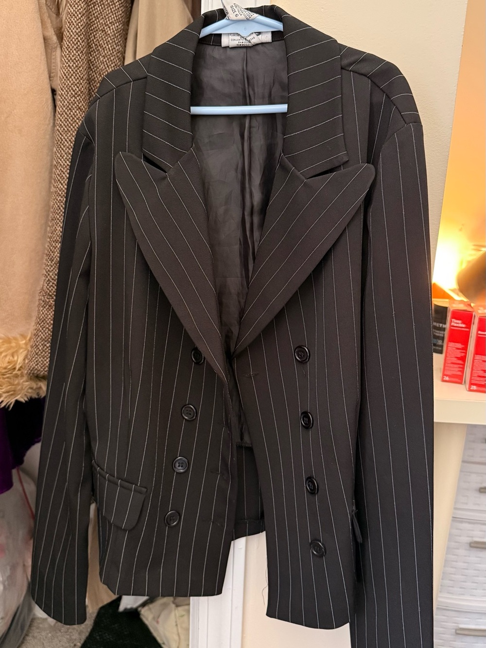 Classic Pinstripe Double-Breasted Blazer with skirt set- Black